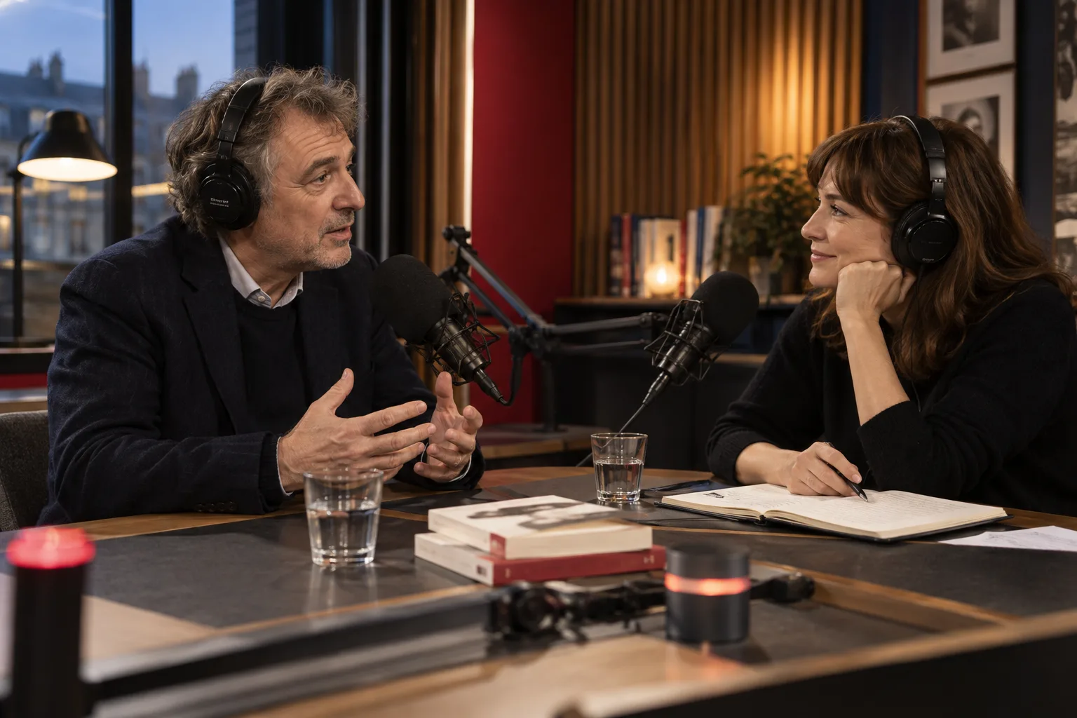 Auteur invité dans un studio de radio littéraire avec une animatrice