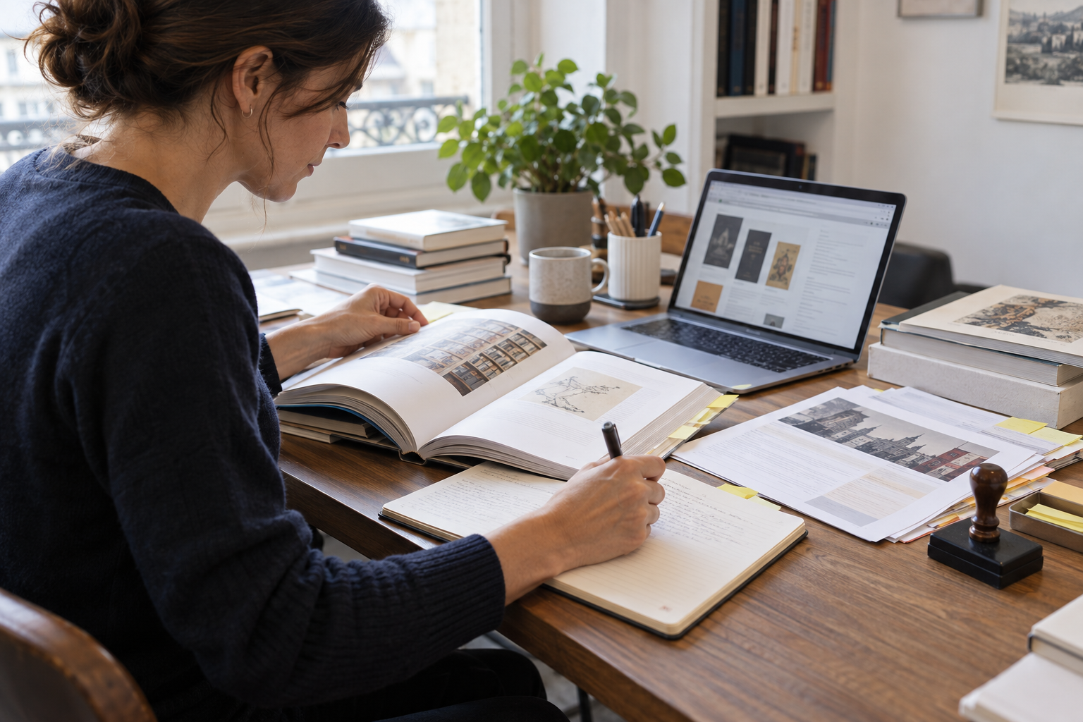 Documentaliste recoupant des catalogues, des pages de référence et des notes datées