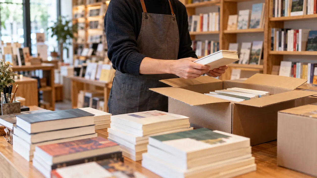 Libraire contrôlant une livraison de livres dans une librairie indépendante