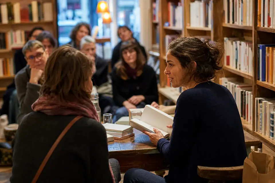 Autrice présentant son livre au public dans une librairie
