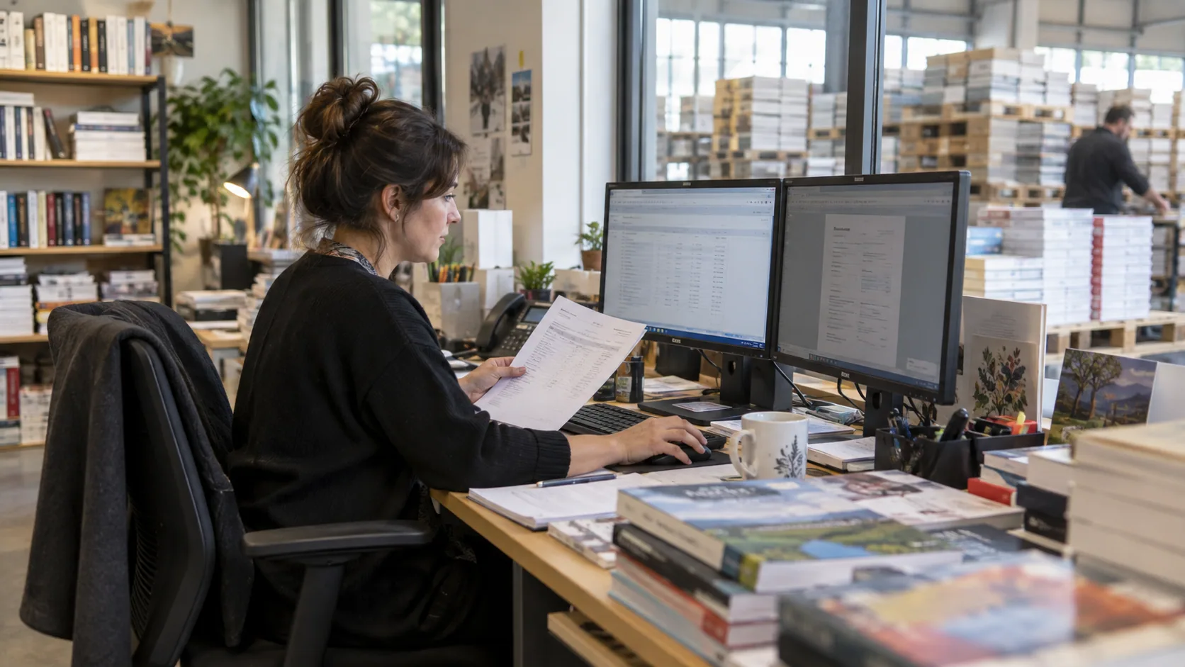 Scène professionnelle illustrant le métier de Administrateur / Administratrice des ventes dans l’édition