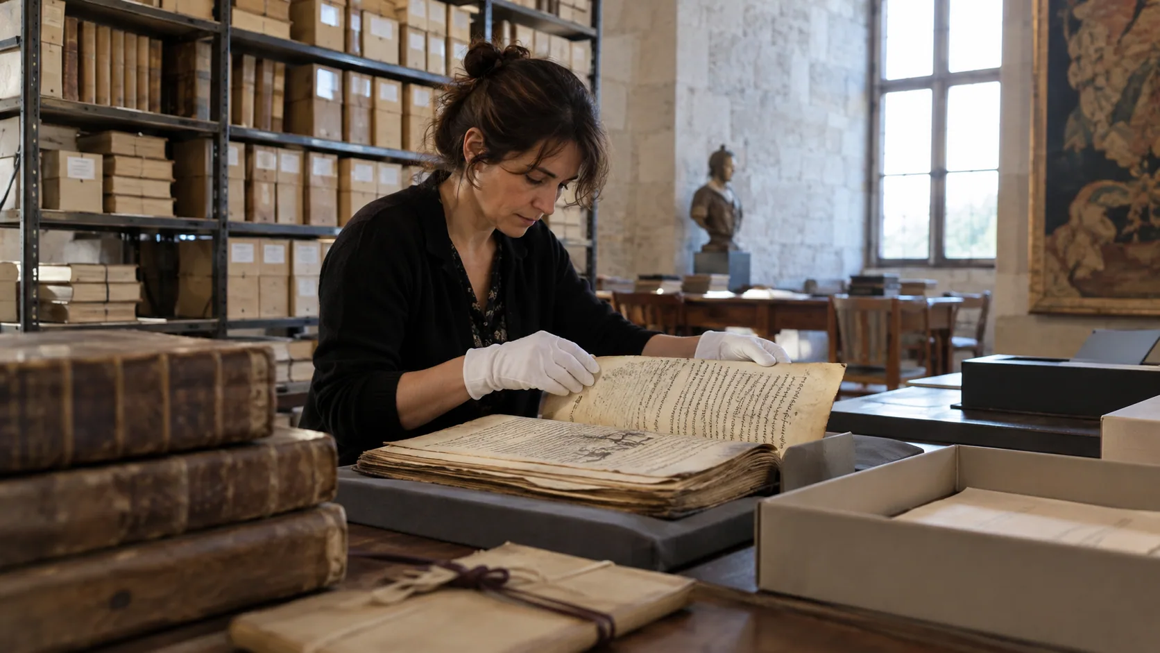 Équipe examinant des manuscrits anciens dans un atelier de conservation