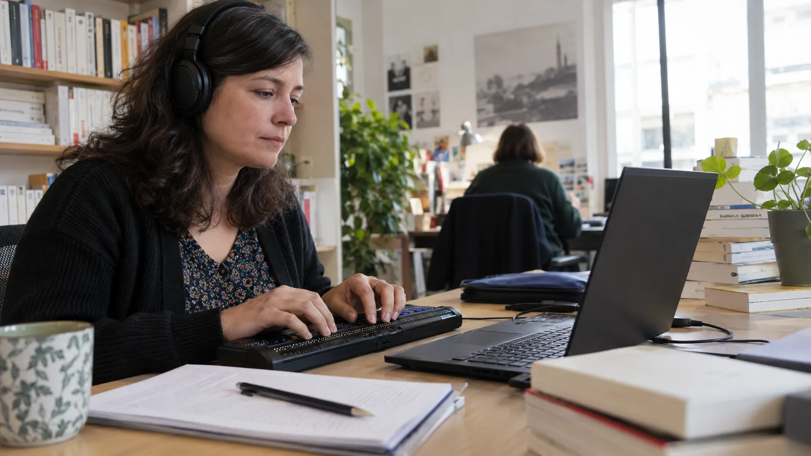 Lectrice testant un livre numérique avec un afficheur braille