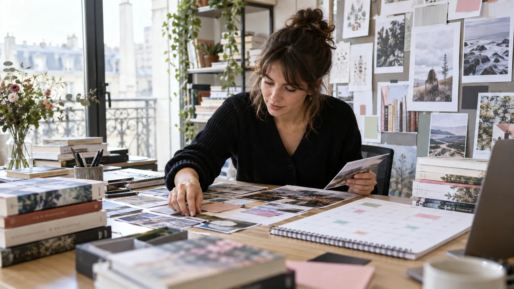 Professionnel rédigeant un communiqué parmi des livres et dossiers de presse