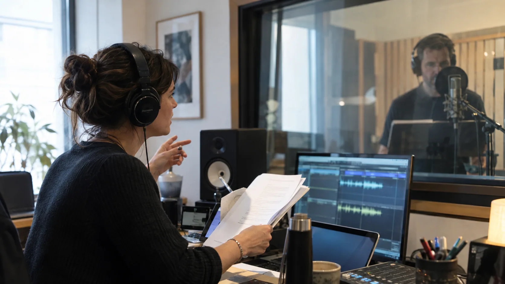 Comédienne enregistrant un livre audio dans un studio