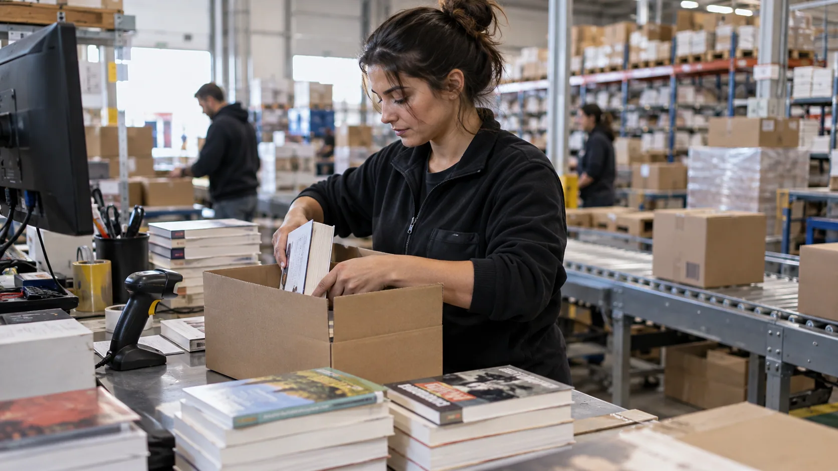 Scène professionnelle illustrant le métier de Employé / Employée logistique du livre