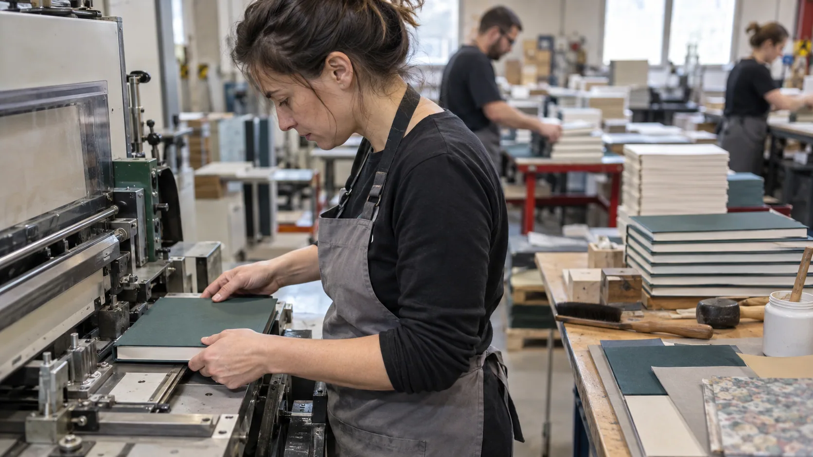 Scène professionnelle illustrant le métier de Façonnier / Façonnière des industries graphiques