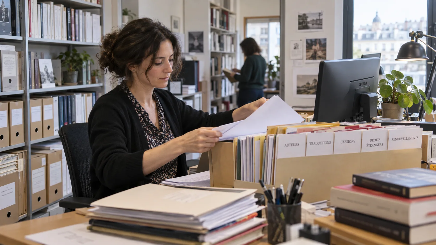 Scène professionnelle illustrant le métier de Gestionnaire de contrats et droits d’auteur