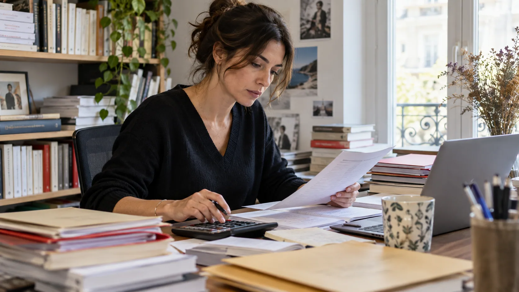 Professionnel comparant des relevés et dossiers de droits à son bureau