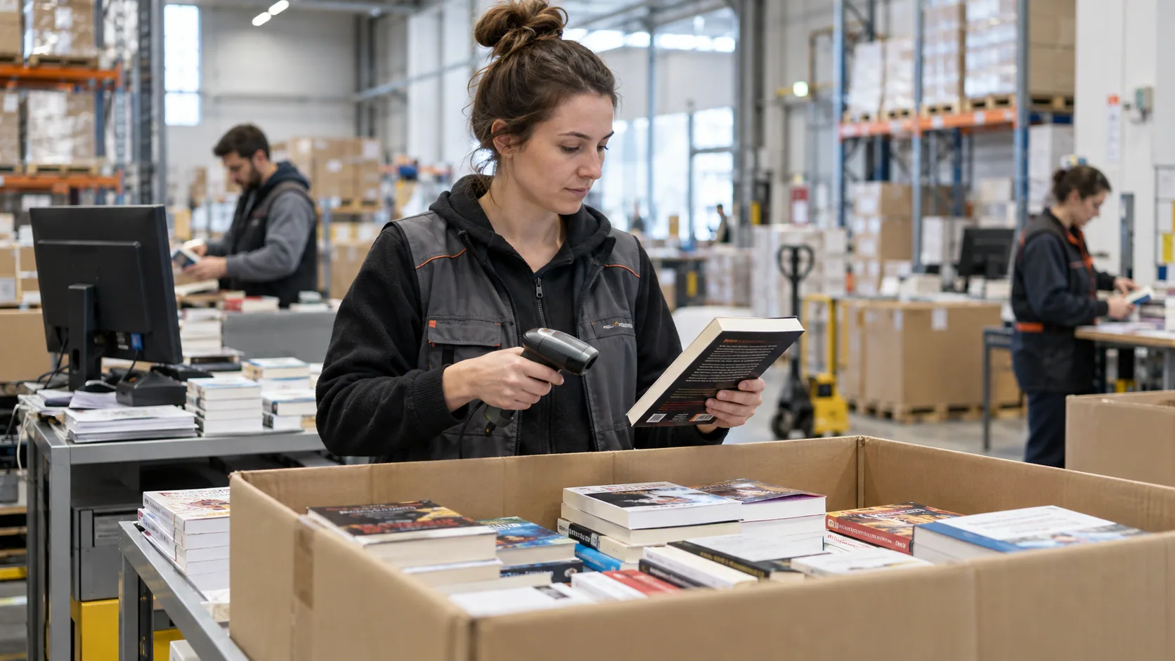 Scène professionnelle illustrant le métier de Gestionnaire des retours de livres