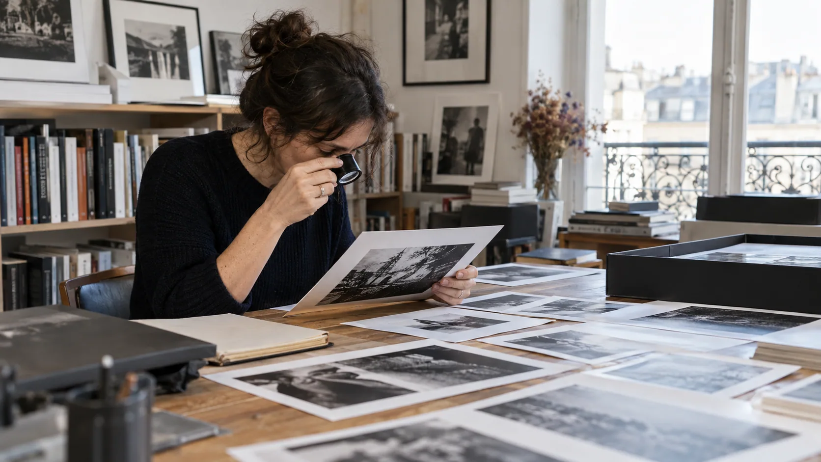 Professionnelle contrôlant des photographies et leur dossier de droits