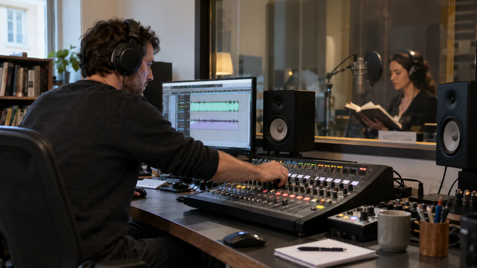 Séance de travail dans un studio de création sonore
