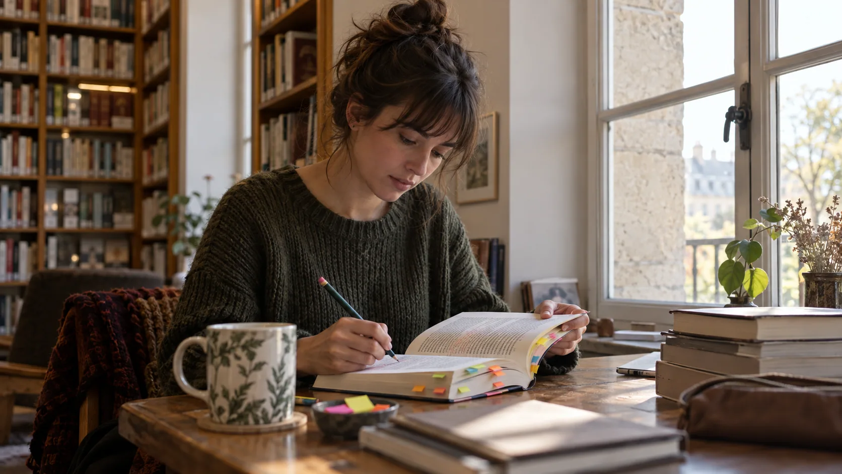 Lectrice annotant un manuscrit dans un espace de lecture calme