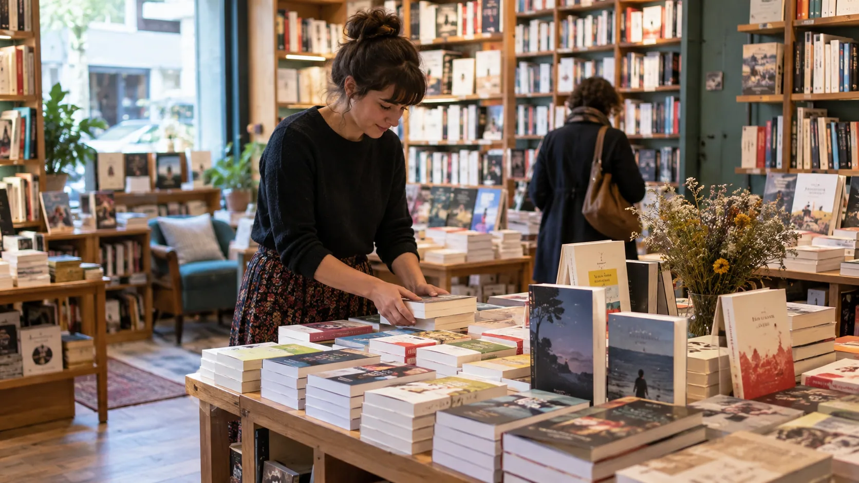 Libraire conseillant une lectrice devant une table de nouveautés