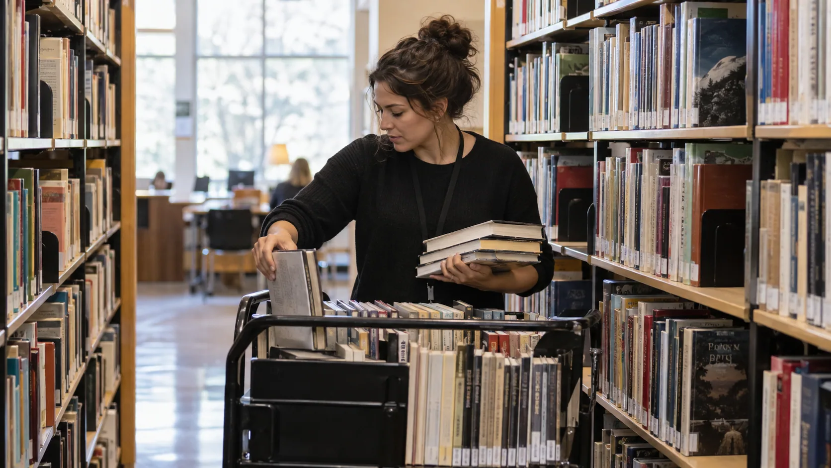 Scène professionnelle illustrant le métier de Magasinier de bibliothèque