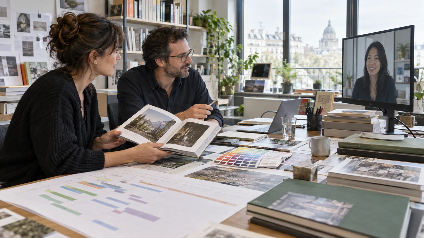 Équipe de coédition comparant une maquette et échangeant avec un partenaire à distance