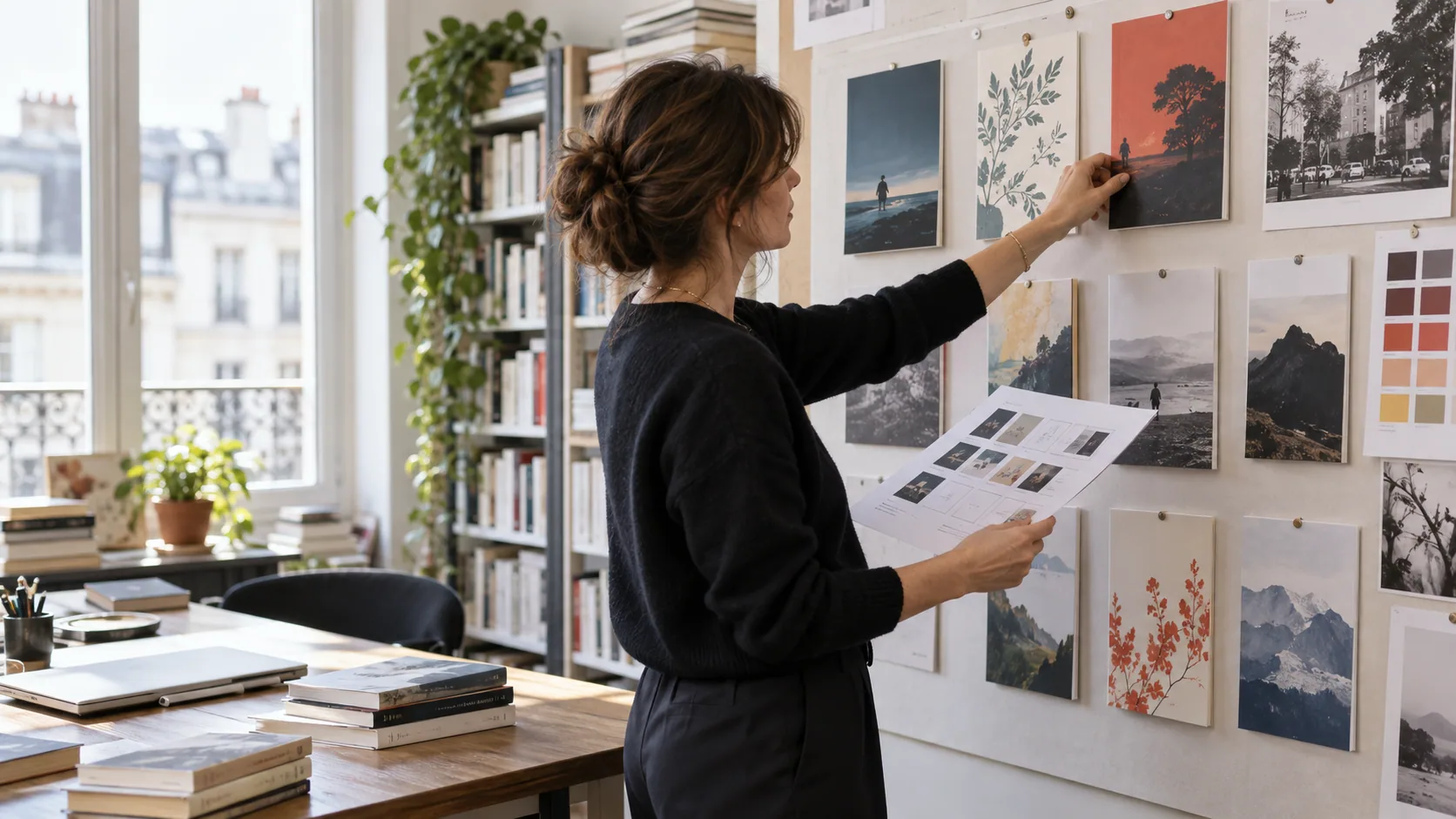 Responsable de collection comparant les couvertures et le programme de ses livres