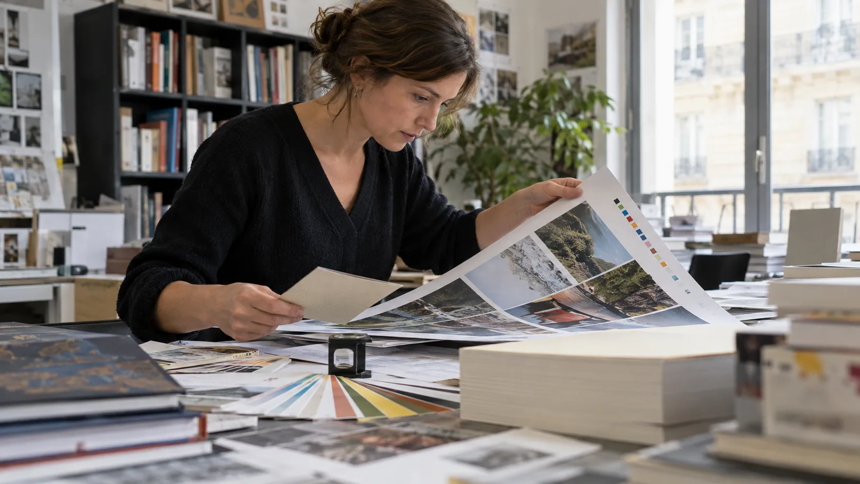 Épreuves et éléments de fabrication d’un livre sur une table de travail