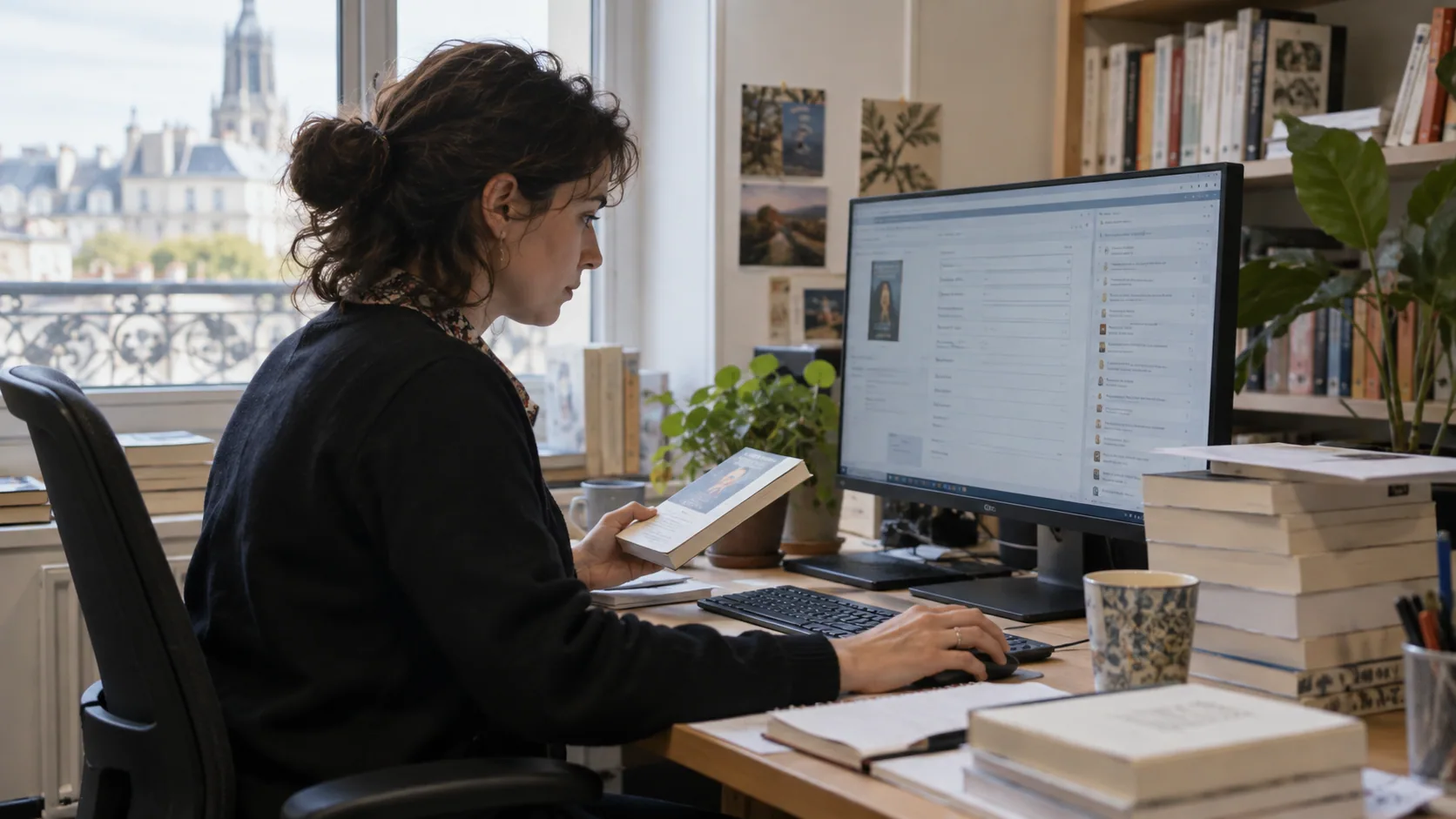 Livres, ordinateur et liste de contrôle pour vérifier des références bibliographiques