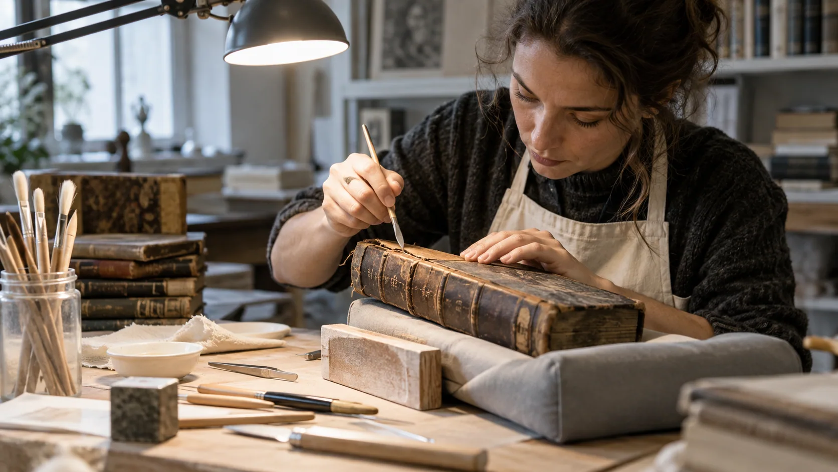 Scène professionnelle illustrant le métier de Restaurateur de livres et documents