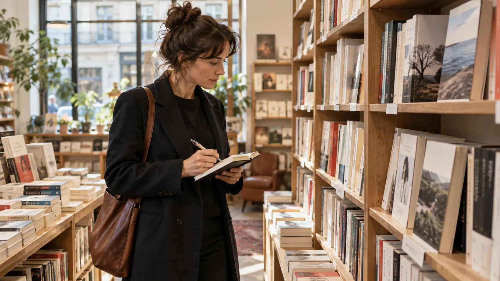 Scout littéraire repérant des livres dans une librairie et prenant des notes