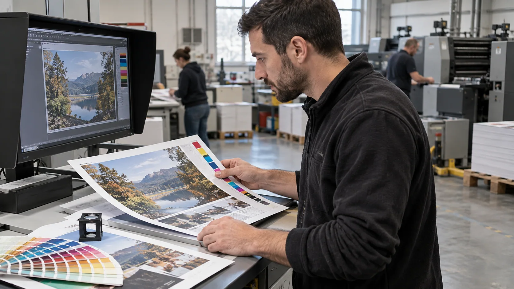 Scène professionnelle illustrant le métier de Technicien / Technicienne prépresse