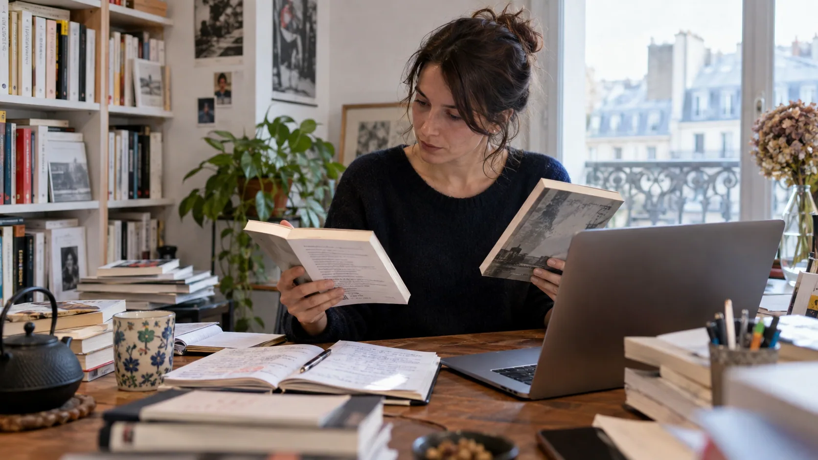 Équipe échangeant autour de textes, de livres et de cartes du monde