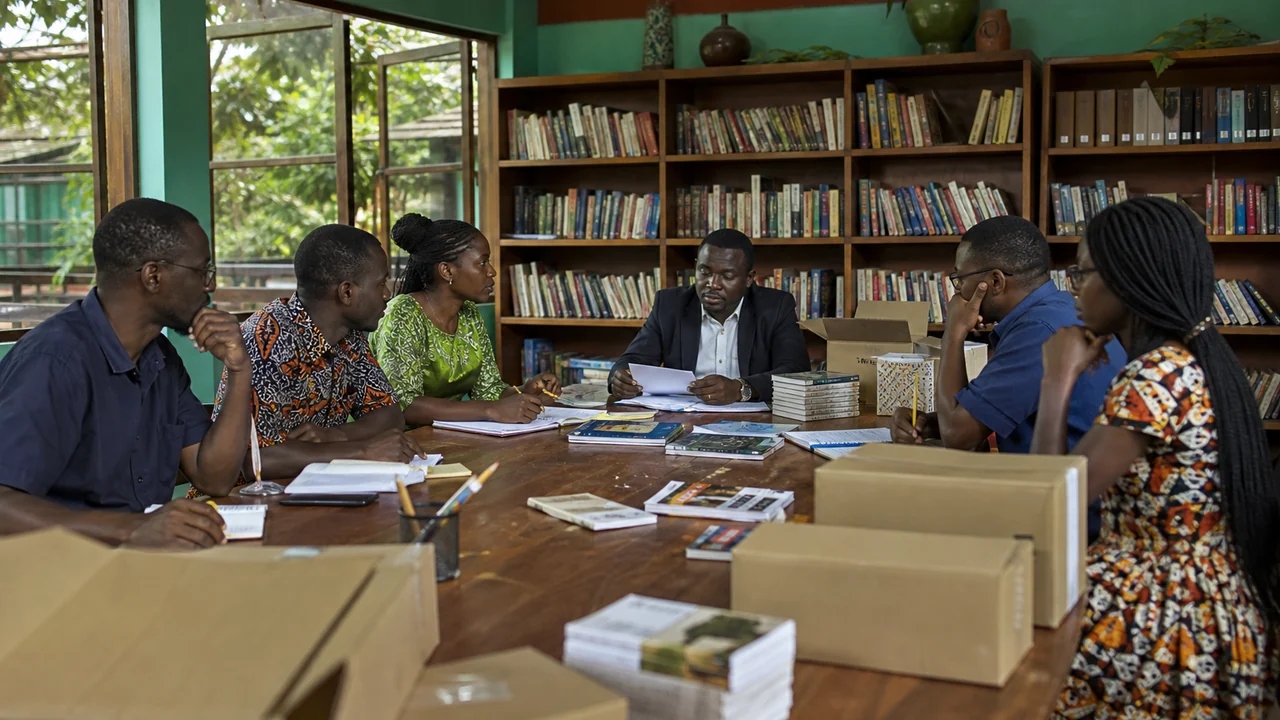 Réunion éditoriale dans une bibliothèque d'Afrique centrale