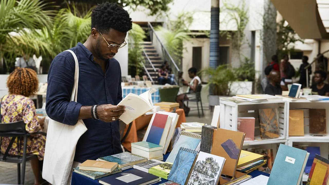 Lecteur devant les tables d'un salon du livre ouest-africain