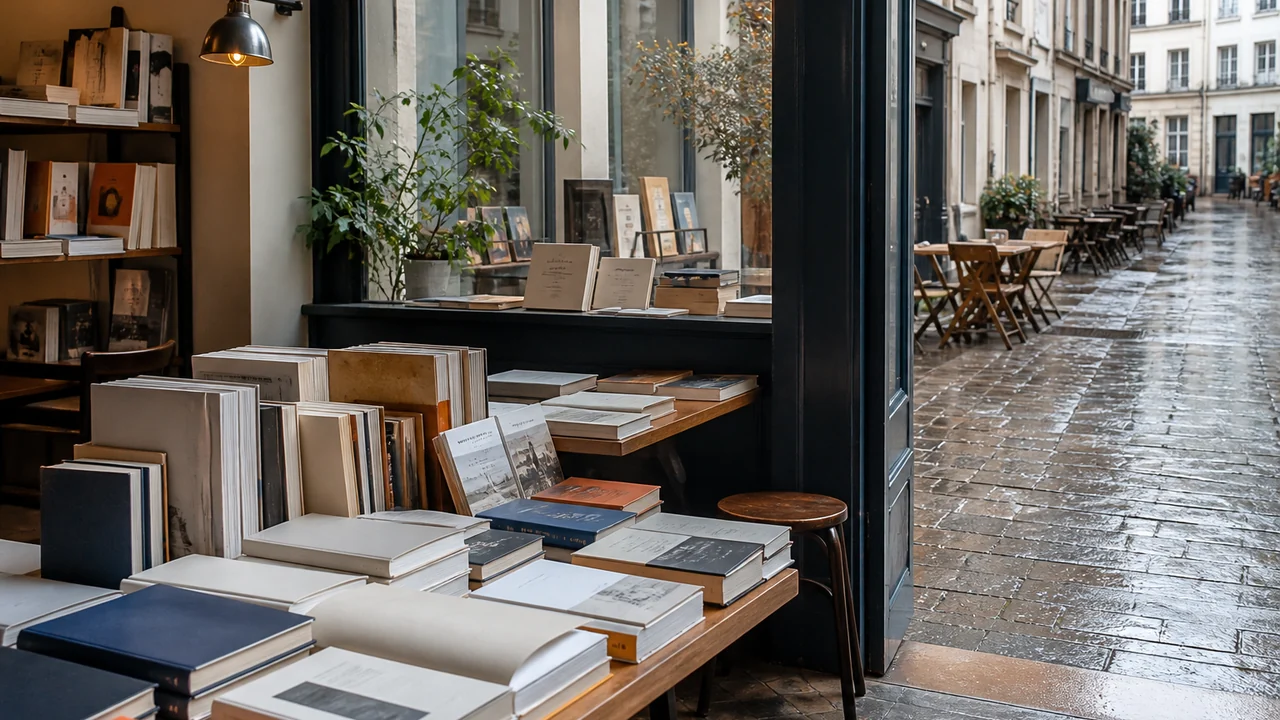 Librairie indépendante ouverte sur une rue européenne