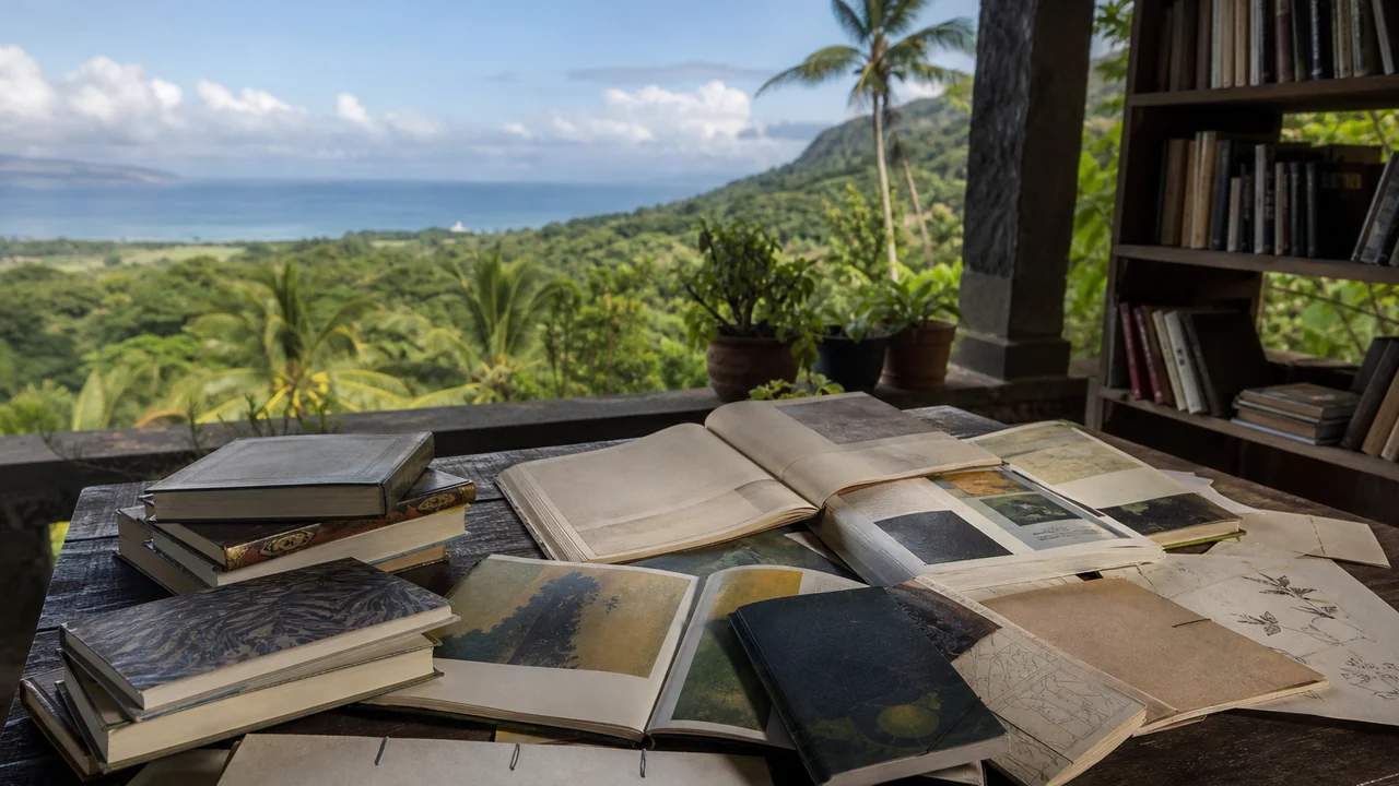 Livres et manuscrits dans une bibliothèque ouverte sur l'océan Indien