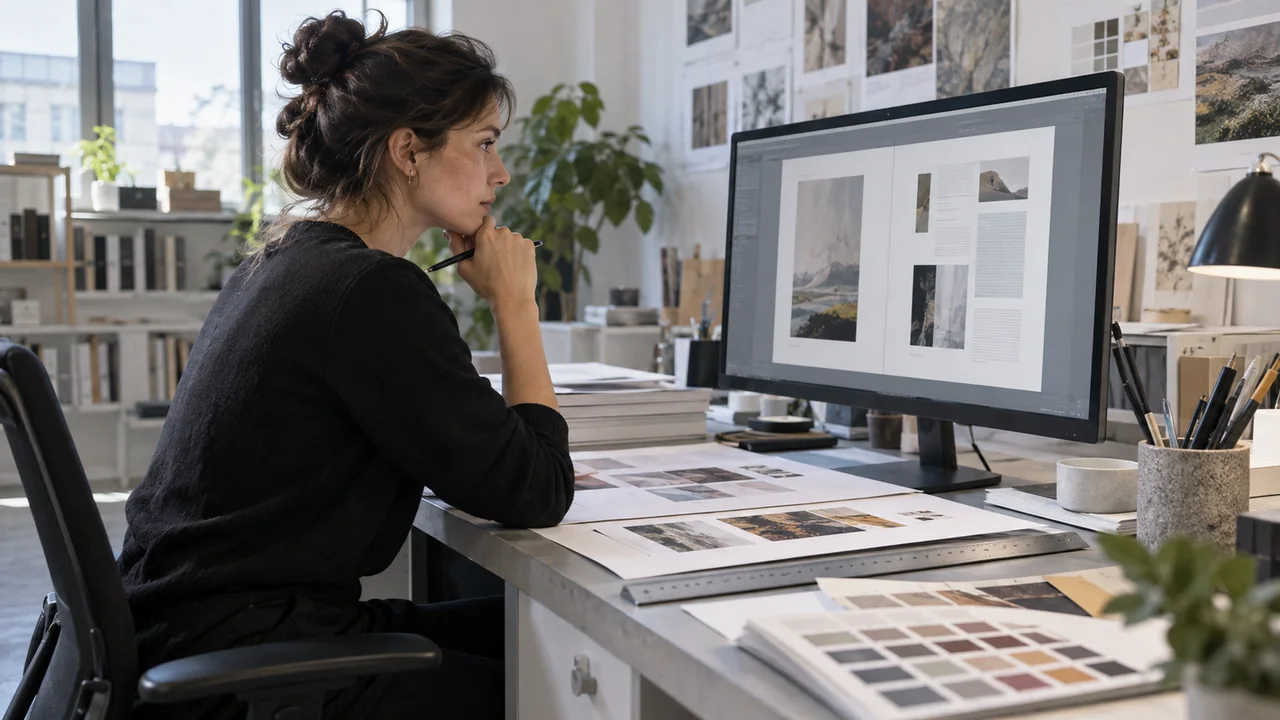 Maquettiste examinant une double page et des épreuves imprimées