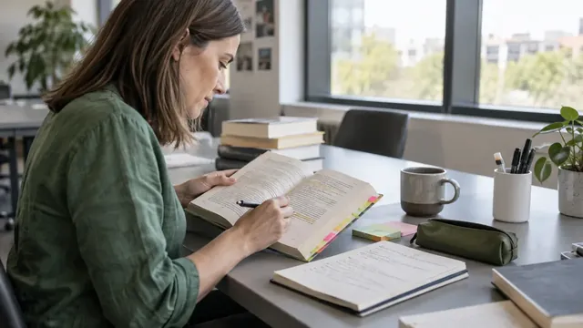 Autrice annotant un livre avec des repères colorés et un carnet de lecture