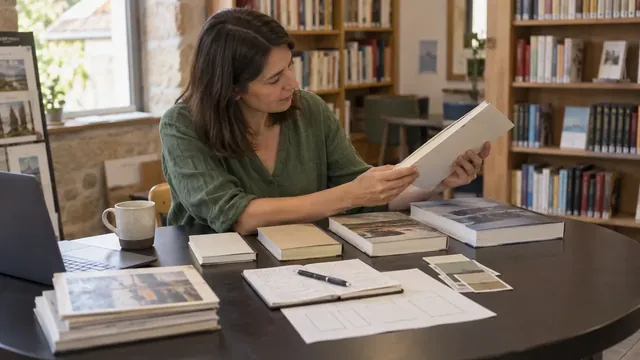 Autrice comparant plusieurs exemplaires et formats de livres