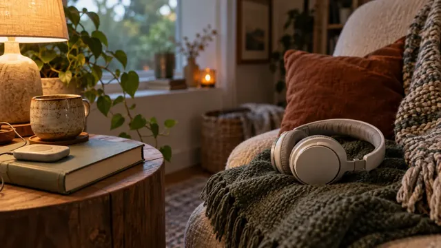 Casque audio posé dans un coin de lecture près d’un livre fermé