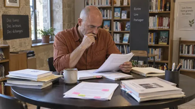 Lecteur examinant un manuscrit imprimé parmi des livres et des fiches de couleur