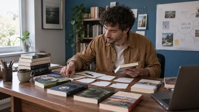 Auteur organisant un parcours de lecture avec des fiches et des ouvrages