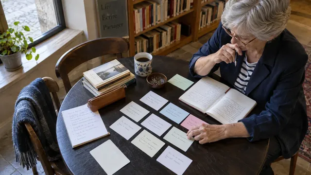 Autrice ordonnant des fiches pour préparer une scène de roman
