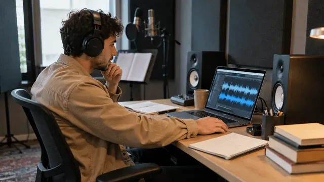 Auteur contrôlant un enregistrement audio sur son ordinateur