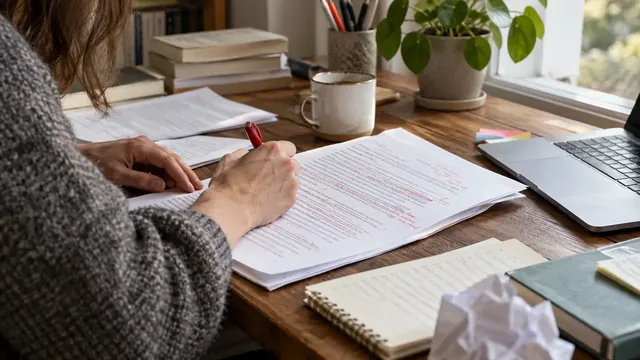 Correction au stylo rouge de pages imprimées sur une table de travail
