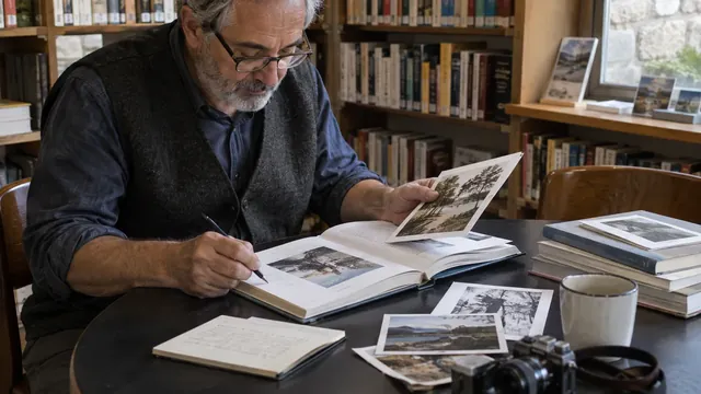 Auteur examinant des illustrations et leurs documents de publication