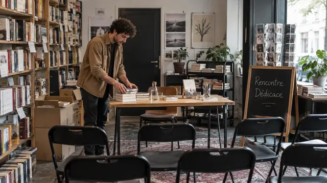 Auteur installant des exemplaires sur une table de rencontre en librairie