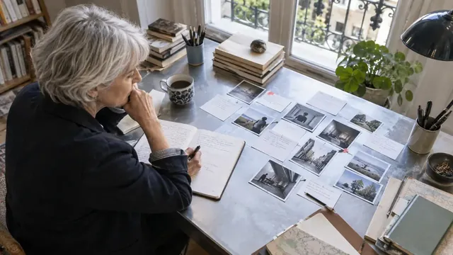 Autrice organisant des fiches de personnages et des références photographiques