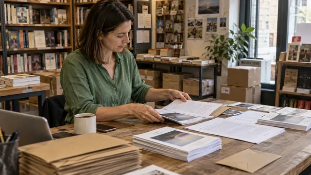 Autrice composant un dossier de presse avec des pages de présentation et des livres