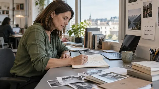Autrice écrivant ses souvenirs avec un carnet et des photographies