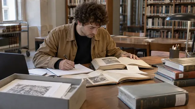 Auteur prenant des notes dans un livre ouvert avec des références de recherche