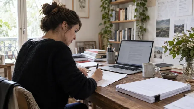 Autrice travaillant sur un courrier et des pages de manuscrit près d’un ordinateur