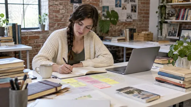 Autrice travaillant sur un carnet avec des fiches de couleur et des livres