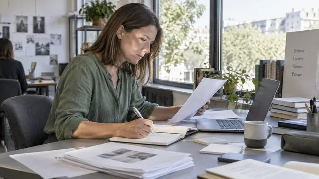 Autrice relisant une page de présentation avec son carnet et son ordinateur