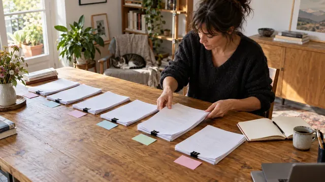 Autrice ordonnant plusieurs manuscrits de nouvelles avec des fiches de couleur